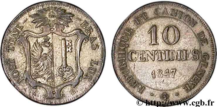 SVIZZERA - REPUBBLICA DE GINEVRA 10 Centimes - Canton de Genève 1847  q.SPL 