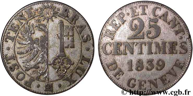 SVIZZERA - REPUBBLICA DE GINEVRA 25 Centimes - Canton de Genève 1839  q.BB 