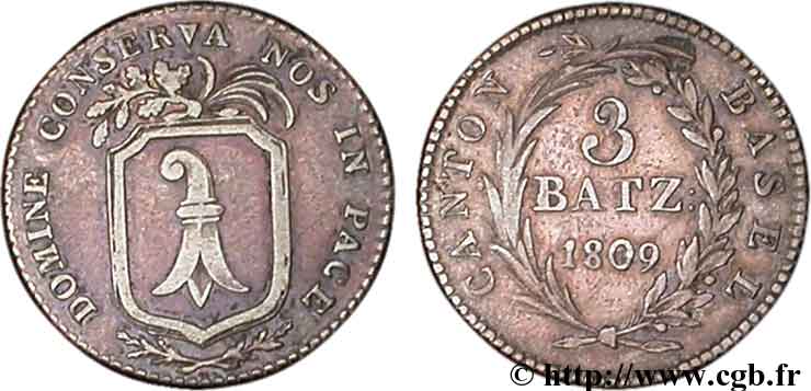 SVIZZERA - monete cantonali 3 Batzen - Canton de Bâle 1809  BB 