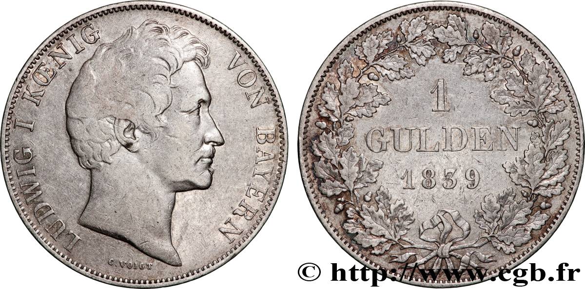 ALLEMAGNE - ROYAUME DE BAVIÈRE - LOUIS Ier 1 Gulden  1839 Münich XF/AU 