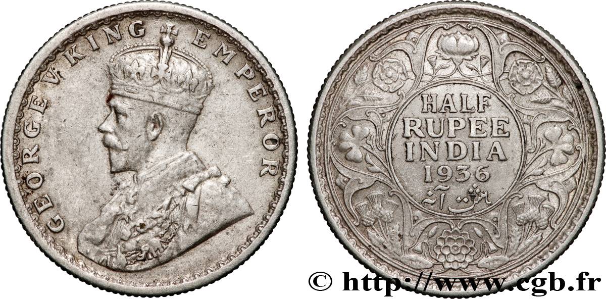 INDES BRITANNIQUES 1/2 Roupie Georges V 1936 Bombay TTB/TTB+ 
