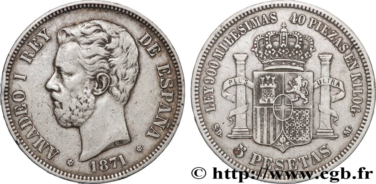 ESPAGNE - ROYAUME D ESPAGNE - AMÉDÉE Ier 5 Pesetas  1871 Madrid TB+ 