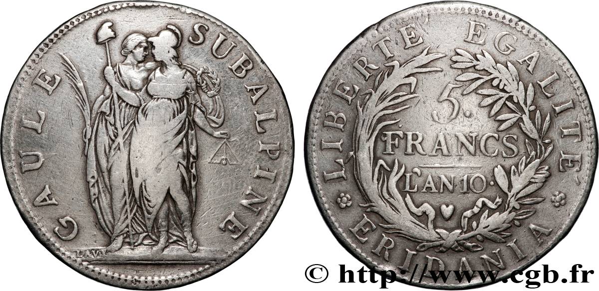 ITALY - SUBALPINE GAUL 5 Francs an 10 1802 Turin VF 