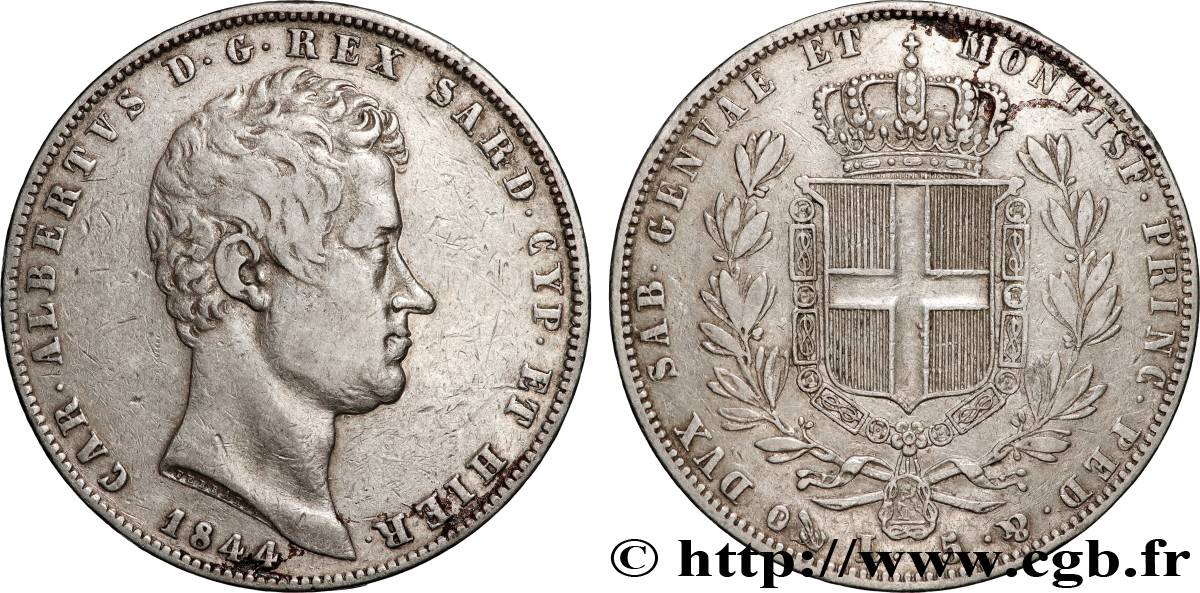 ITALIE - ROYAUME DE SARDAIGNE 5 Lire Charles Albert 1844 Gênes TB+ 