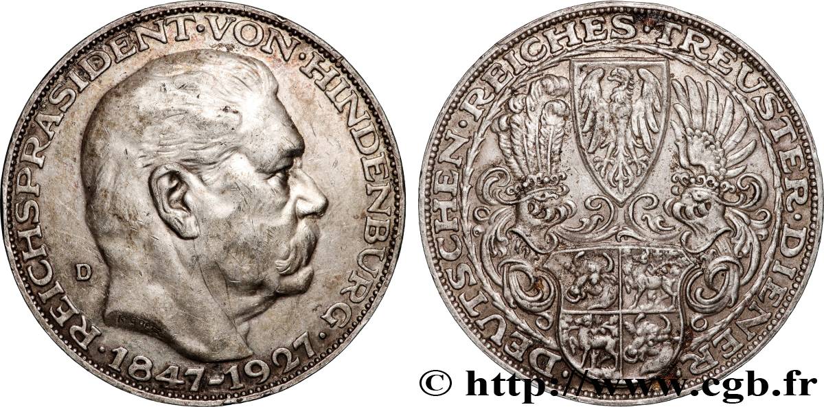 GERMANY Module de 5 Reichsmark 80e anniversaire du Maréchal von Hindenburg 1927 Munich AU 