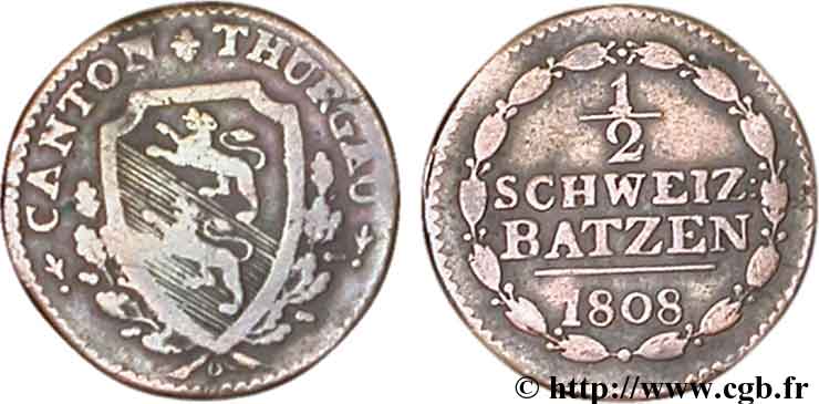 SWITZERLAND - CANTON OF THURGAU 1/2 Batzen 1808  VF 