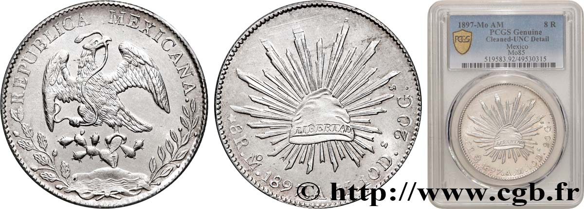 MESSICO 8 Reales Aigle / bonnet phrygien sur soleil 1897 Mexico MS PCGS