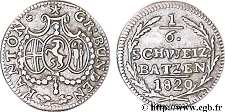 SWITZERLAND - cantons coinage 1/6 Batzen - Canton de Graubunden 1820  AU 