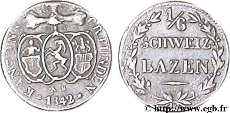 SWITZERLAND - cantons coinage 1/6 Batzen - Canton de Graubunden 1842  XF 