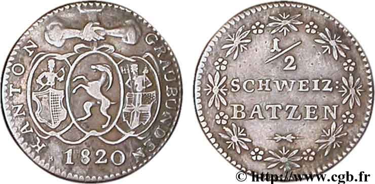 SVIZZERA - monete cantonali 1/2 Batzen - Canton de Graubunden 1820  BB 