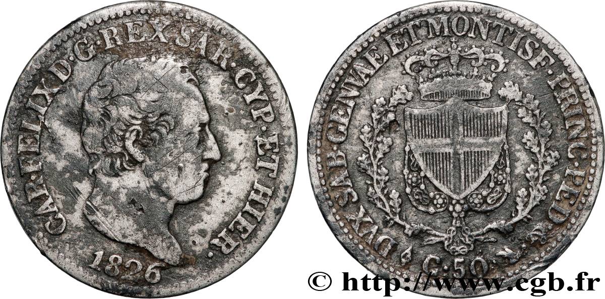 ITALY - KINGDOM OF SARDINIA 50 Centesimi Charles Félix 1826 Turin VF 