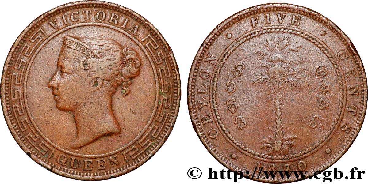 CEYLAN 5 Cents Victoria 1870 Calcutta TB+ 
