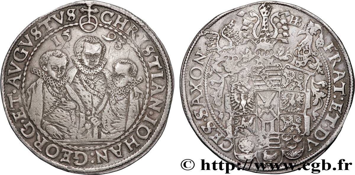 ALLEMAGNE - DUCHÉ DE SAXE - CHRISTIAN II, JEAN-GEORGES ET AUGUSTE Thaler dit “des trois frères” 1598 Dresde SS 