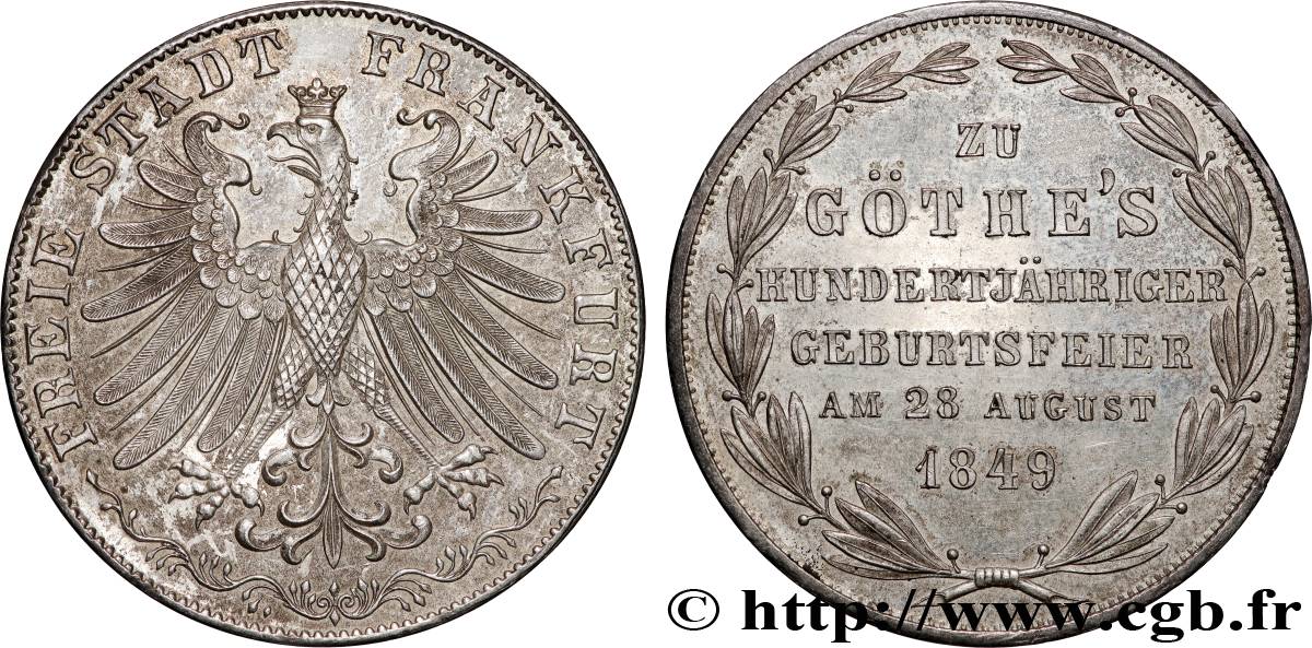 ALEMANIA - CIUDAD LIBRE DE FRáNCFORT 2 Gulden 100e anniversaire de la naissance de Goethe 1849 Francfort EBC 