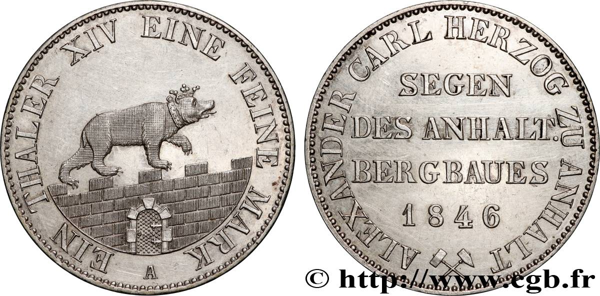 ALLEMAGNE - DUCHÉ D ANHALT-BERNBURG - ALEXANDRE CHARLES Thaler des mines 1846 Berlin SUP 