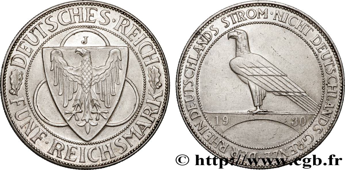 GERMANY 5 Reichsmark Libération de la Rhénanie 1930 Hambourg AU 