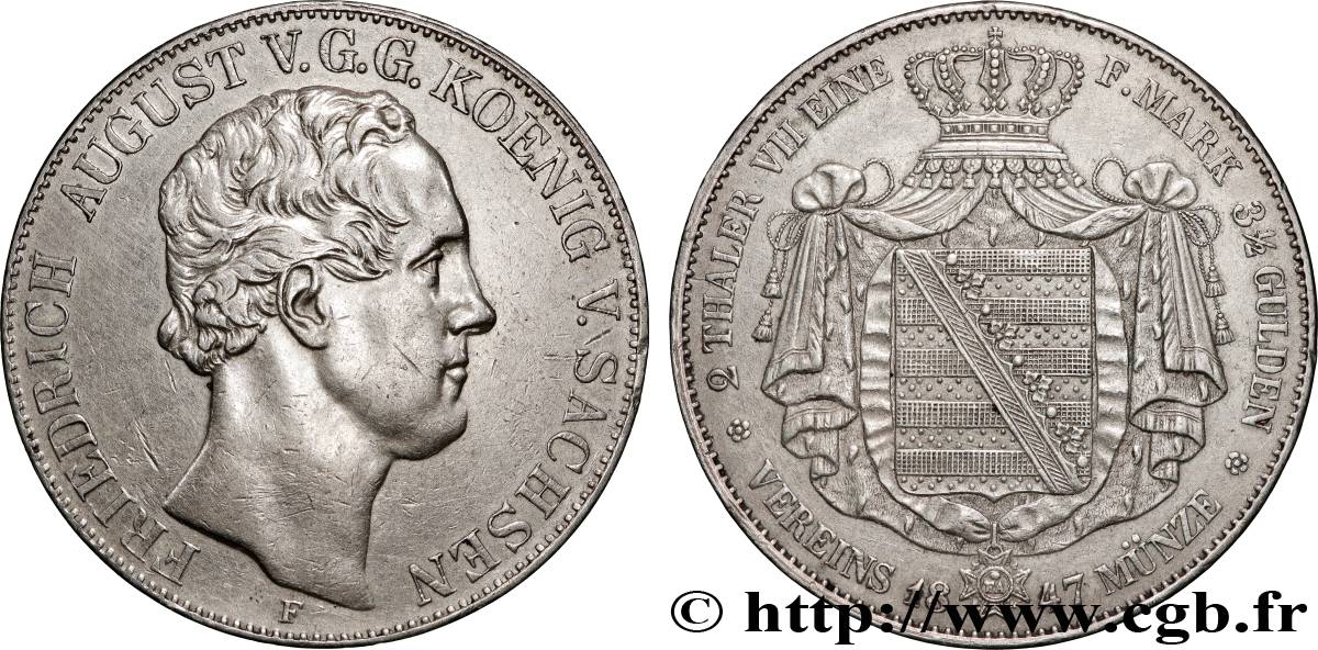 ALLEMAGNE - ROYAUME DE SAXE - FRÉDÉRIC-AUGUSTE II 2 Thalers  1847 Dresde TTB+ 