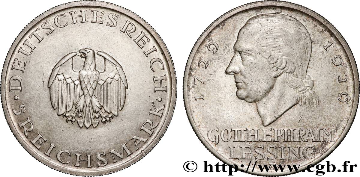 ALLEMAGNE 5 Reichsmark Gotthold Ephraim Lessing 1929 Hambourg TTB+ 