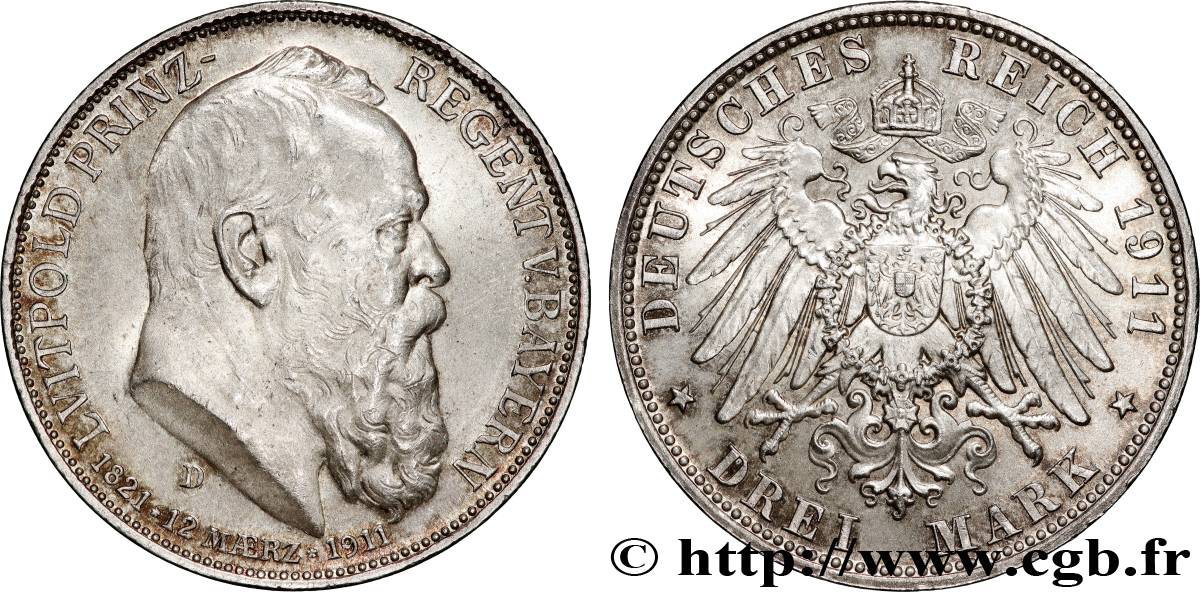 ALLEMAGNE - BAVIÈRE 3 Mark régent Léopold  1911 Munich  SUP 
