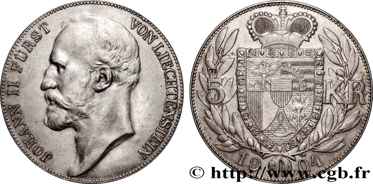 LIECHTENSTEIN - PRINCIPAUTÉ DE LIECHTENSTEIN - JEAN II 5 Kronen  1904 Berne TTB+ 