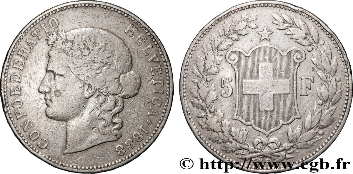SUISSE 5 Francs Helvetia buste 1888 Berne TTB 