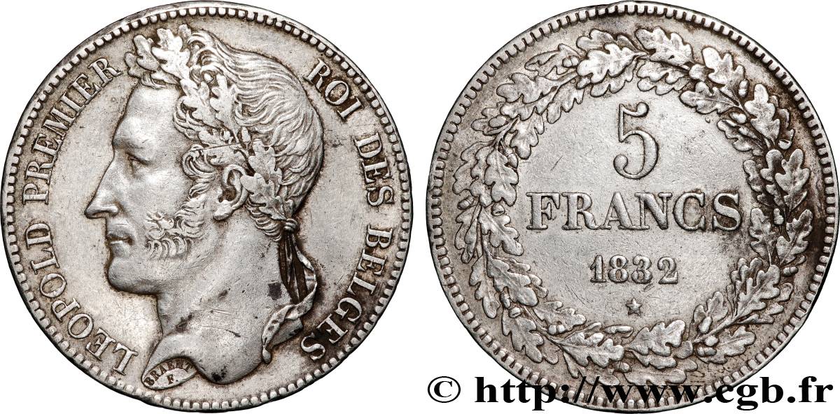 BELGIQUE - ROYAUME DE BELGIQUE - LÉOPOLD Ier 5 Francs tête laurée 1832 Bruxelles TTB 