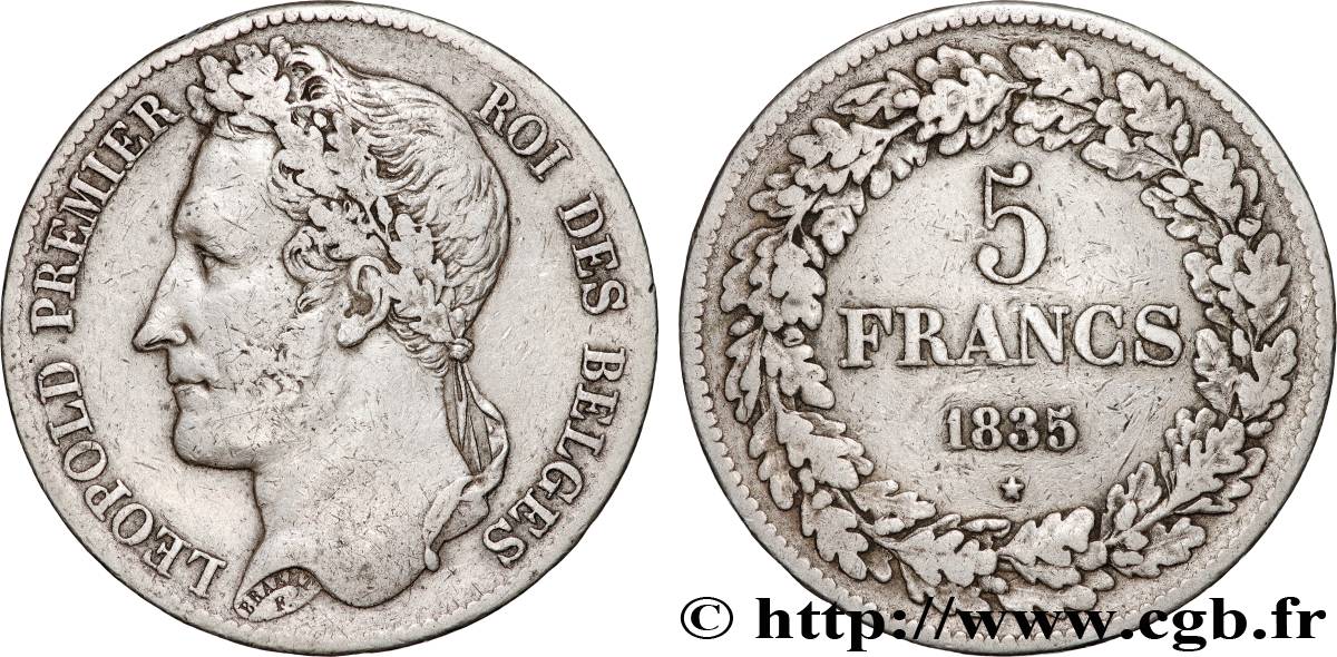 BELGIQUE 5 Francs Léopold Ier tête laurée 1835  TTB 