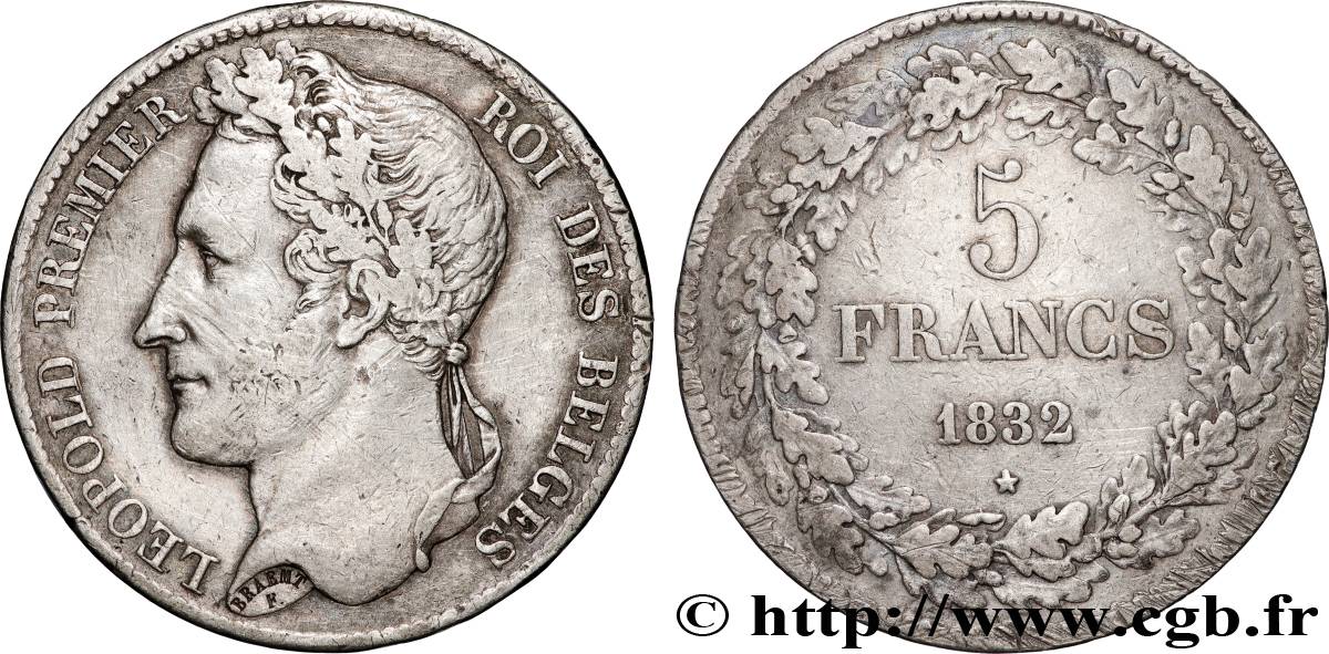 BELGIQUE - ROYAUME DE BELGIQUE - LÉOPOLD Ier 5 Francs tête laurée 1832 Bruxelles TB+ 