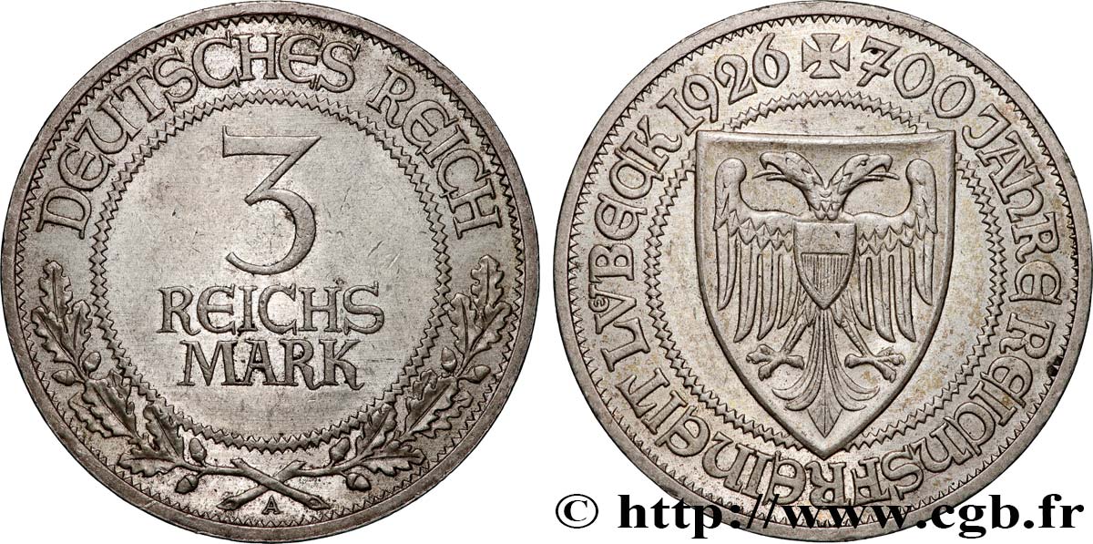 ALLEMAGNE 3 Reichsmark 700 ans du statut de ville libre de Lübeck 1926 Berlin TTB+ 
