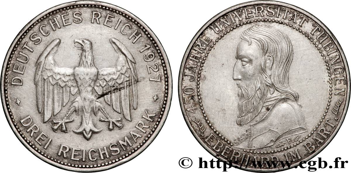 ALLEMAGNE 3 Reichsmark 450e anniversaire de la fondation de Tubingen 1927 Stuttgart TTB+ 