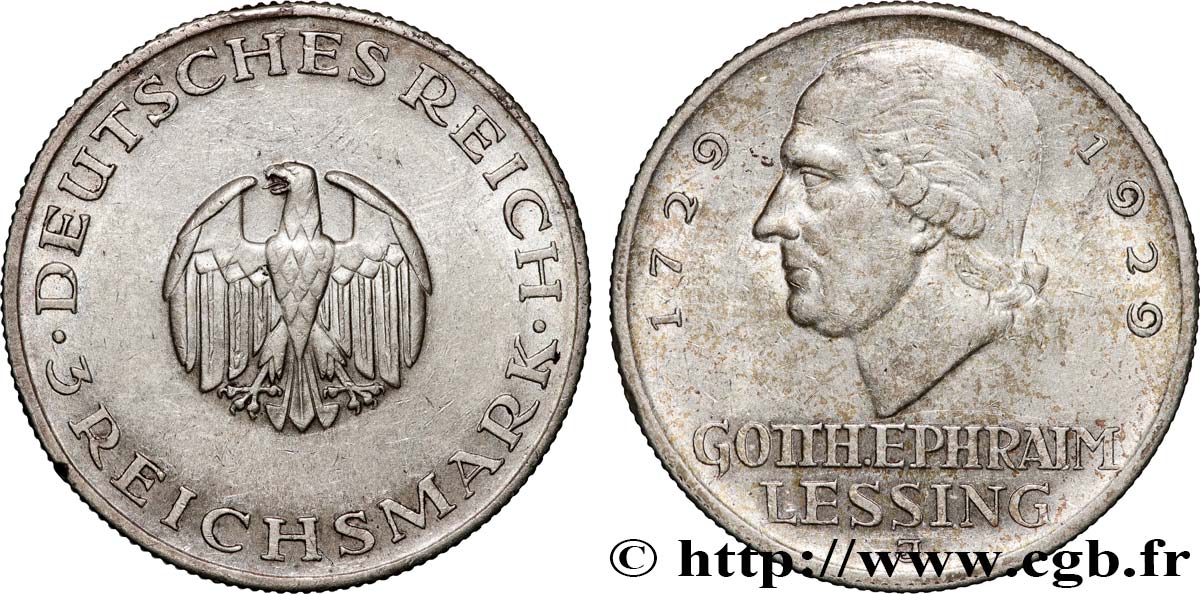 ALLEMAGNE 3 Reichsmark Gotthold Ephraim Lessing 1929 Hambourg TTB+ 