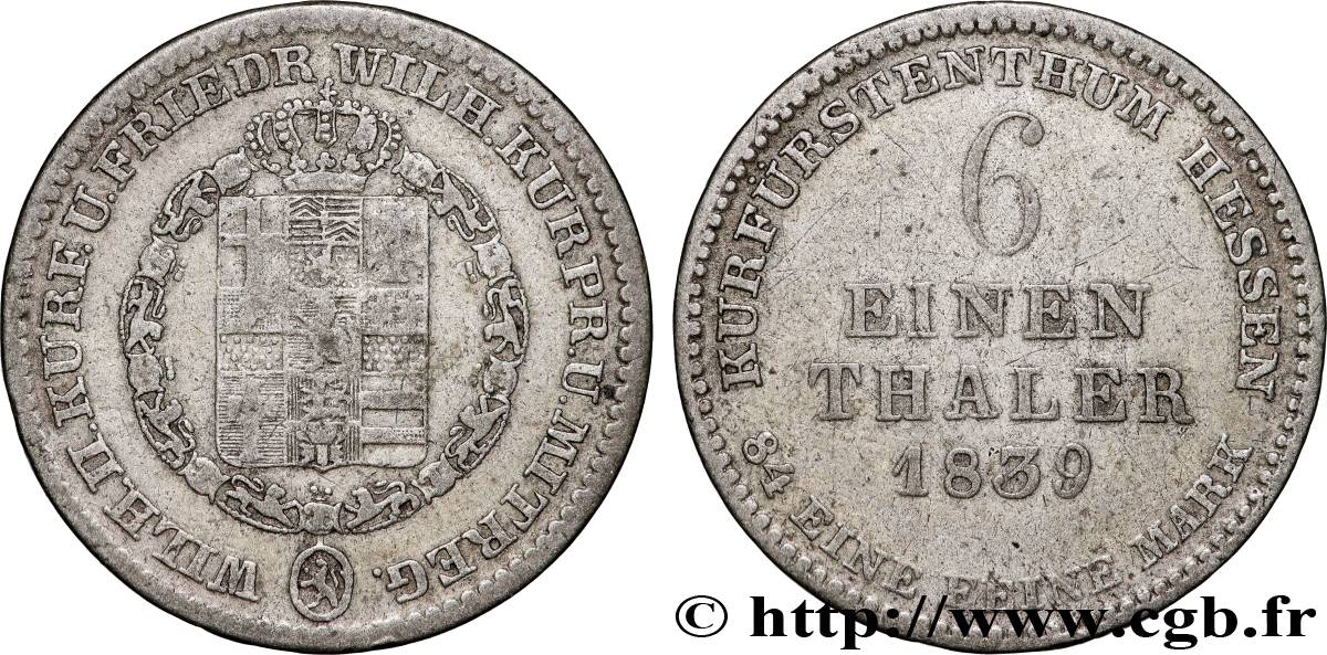 ALLEMAGNE - HESSE 1/6 Thaler Hesse-Cassel 1839  TTB 