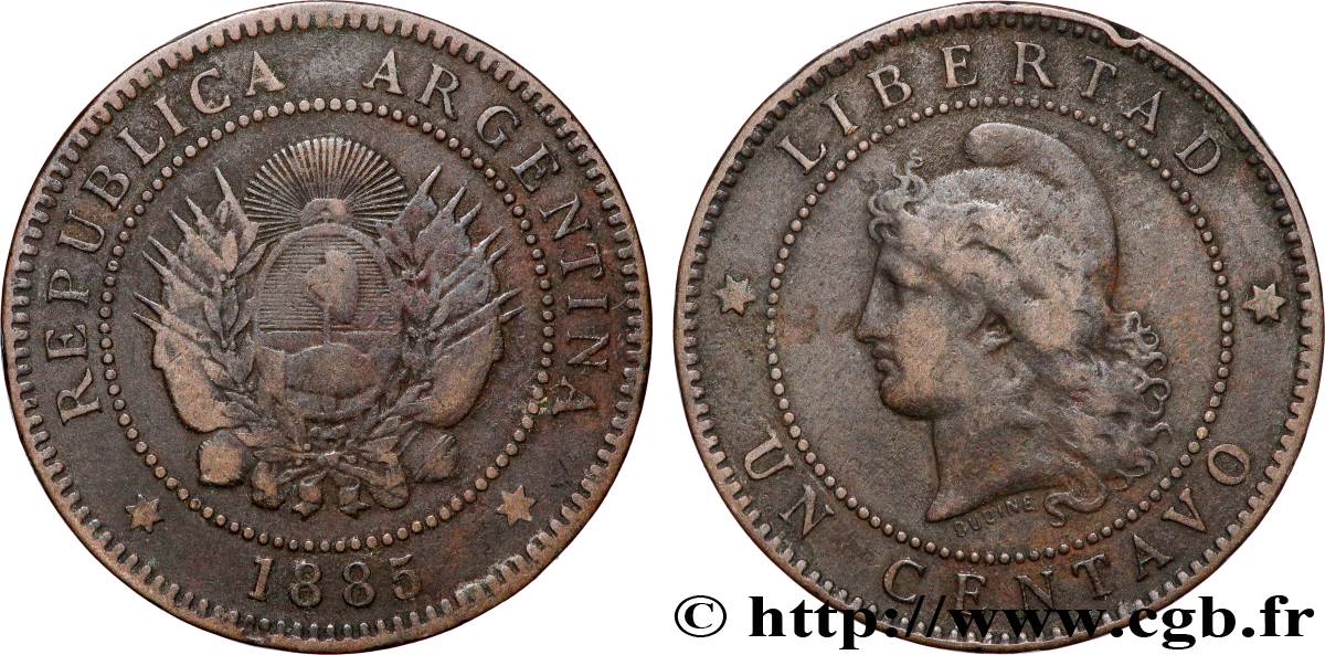 ARGENTINA 1 Centavo “Liberté” 1885  VF 