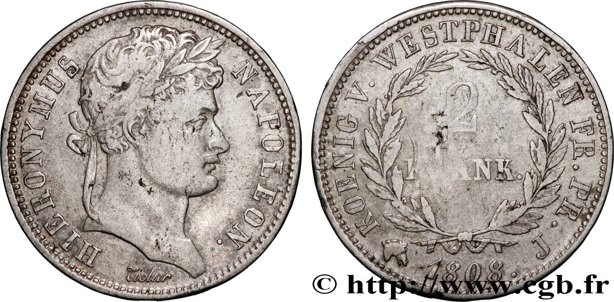 ALLEMAGNE - ROYAUME DE WESTPHALIE - JÉRÔME NAPOLÉON 2 Franken 1808 Paris TTB 