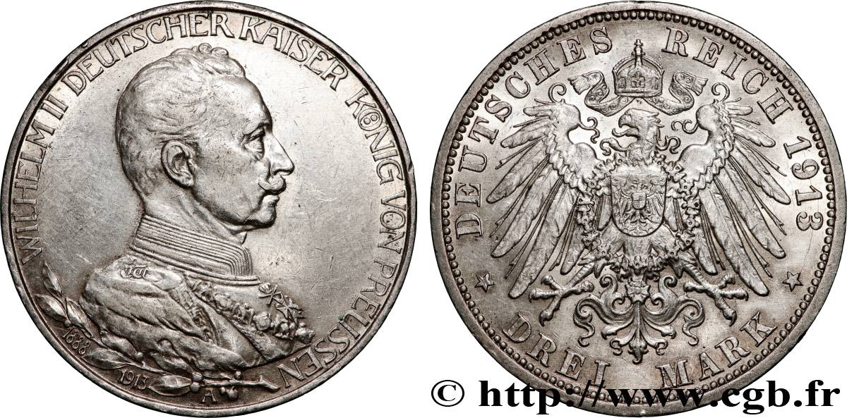 ALLEMAGNE - PRUSSE 3 Mark 25e anniversaire de règne de Guillaume II 1913 Berlin SUP 
