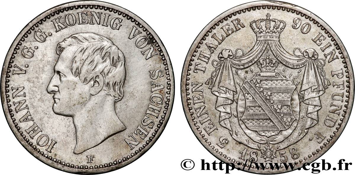 ALLEMAGNE - SAXE 1/3 Thaler Royaume de Saxe, Johann roi de Saxe 1858 Dresde TTB+ 