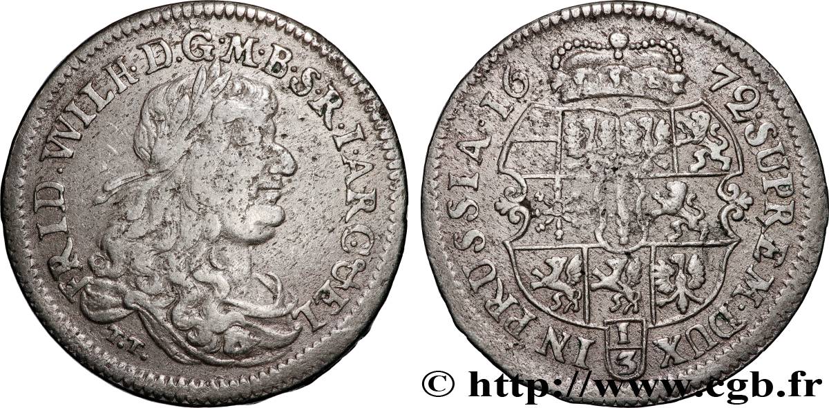 GERMANY - BRANDENBURG 1/3 Thaler Frédéric Guillaume 1672 Berlin XF 