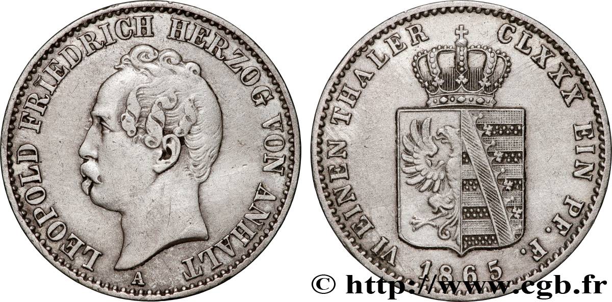 ALLEMAGNE - ANHALT 1/6 Thaler Léopold IV Frédéric duc de Anhalt 1865  TTB 