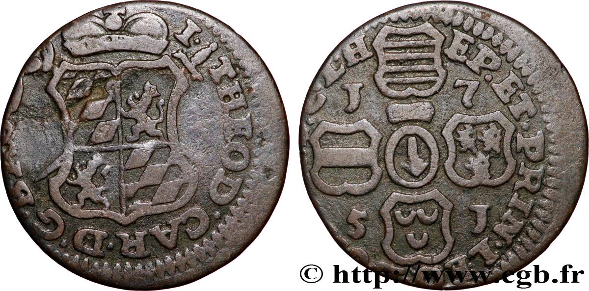BÉLGICA- PRINCIPADO DE LIEJA 1 Liard Évéché de Liège frappe au nom de Jean-Théodore de Bavière 1751  BC+ 