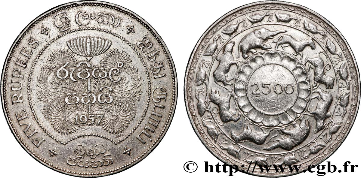 CEYLAN 5 Roupies (Rupees) 2500 ans de Bouddhisme 1957  TTB+ 