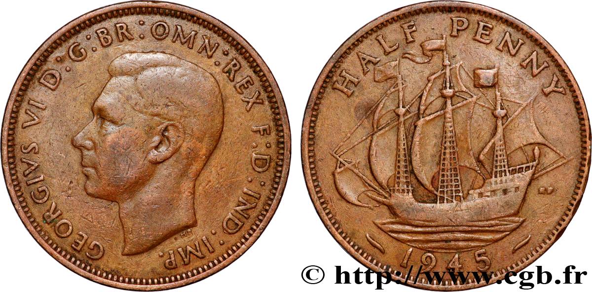 REINO UNIDO 1/2 Penny Georges VI 1945 Londres BC+ 