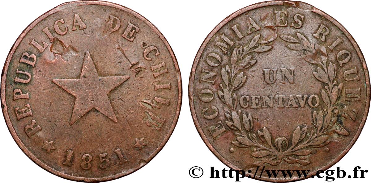 CHILE 1 Centavo 1851  VF 