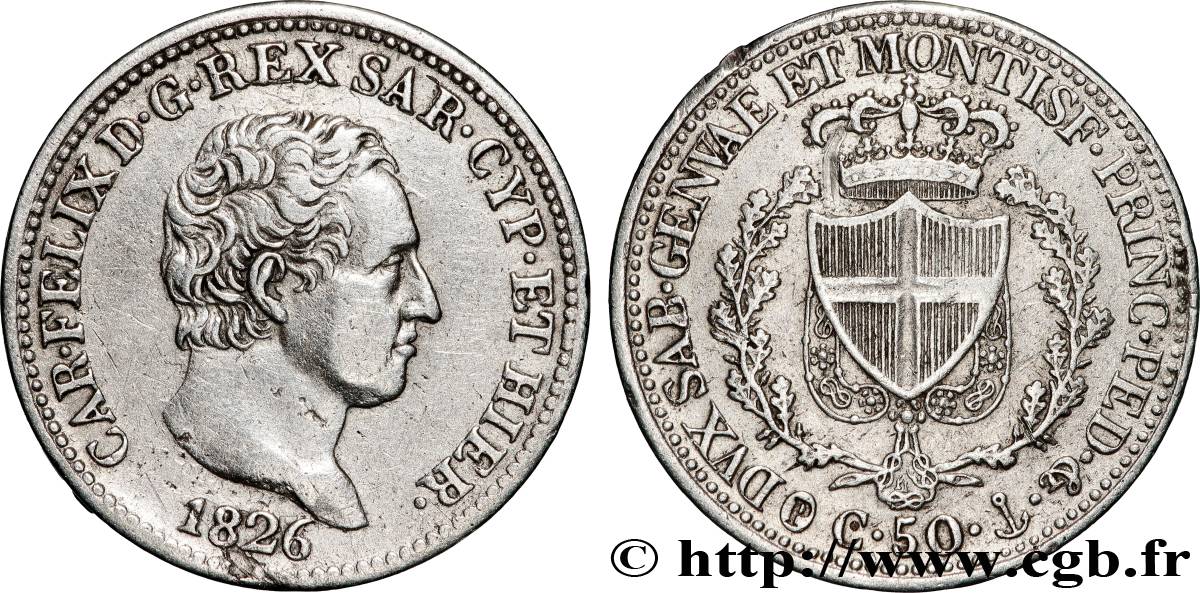 ITALIE - ROYAUME DE SARDAIGNE - CHARLES-FÉLIX 50 Centesimi  1826 Gênes TTB 
