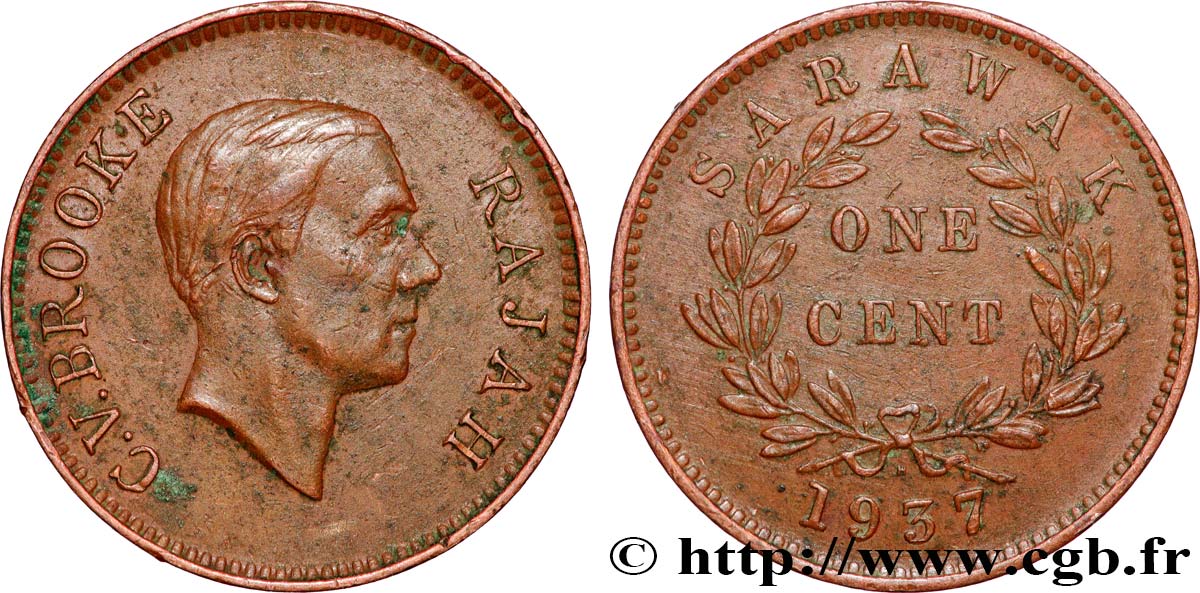SARAWAK 1 Cent Sarawak Rajah C.V. Brooke 1937 Heaton TTB 