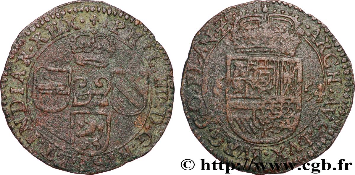 PAYS-BAS ESPAGNOLS - COMTÉ DE FLANDRE - PHILIPPE IV 1 Liard 1654 Bruges TB+ 