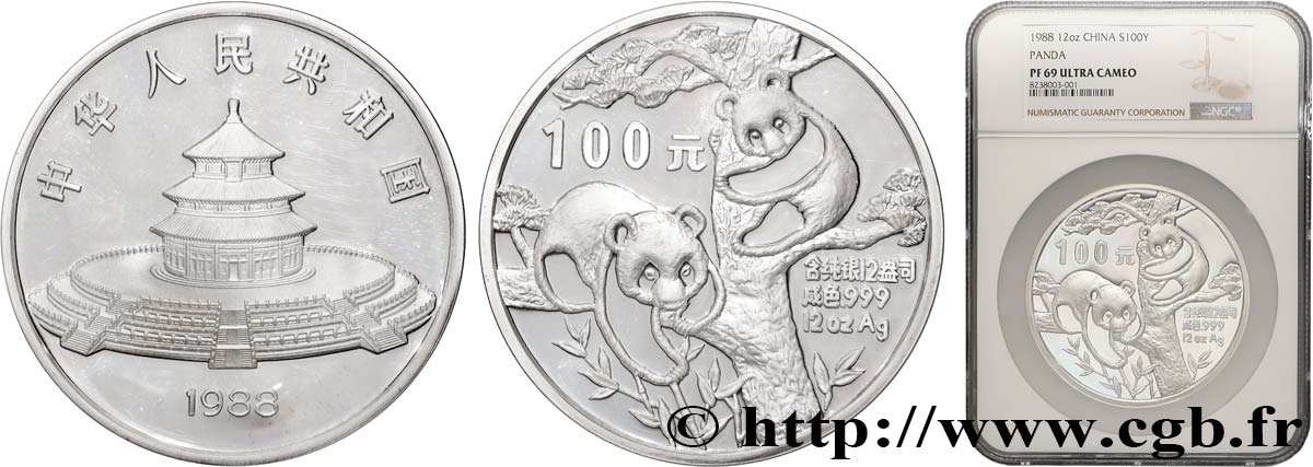 REPUBBLICA POPOLARE CINESE 100 Yuan Proof Panda (12oz argent) 1988  FDC69 NGC