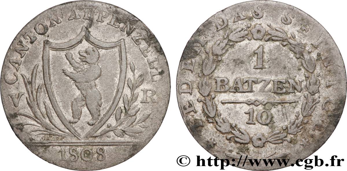 SUISSE - CONFÉDÉRATION HELVÉTIQUE - CANTON D APPENZELL 1 Batzen 1808  TB+ 