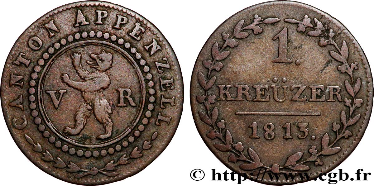 SUISSE - CONFÉDÉRATION HELVÉTIQUE - CANTON D APPENZELL 1 Kreuzer 1813  TTB+ 