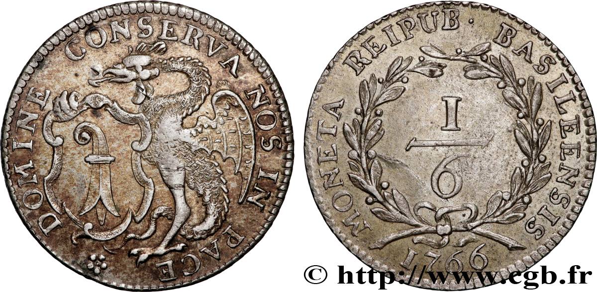 SUISSE - VILLE DE BÂLE 1/6 Thaler 1766 Bâle TTB+ 
