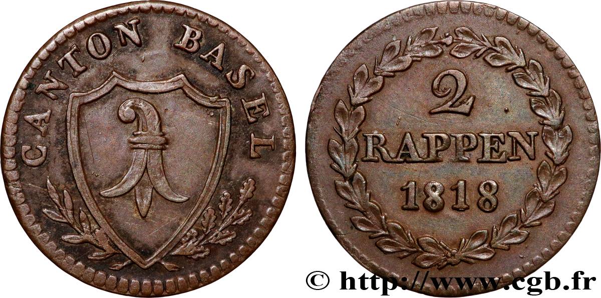 SUIZA - CANTÓN DE BASILEA 2 Rappen 1818  MBC+ 